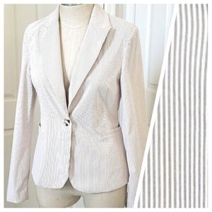 Vintage JONES NEW YORK Seersucker Single Button Blazer Tan White Stripe